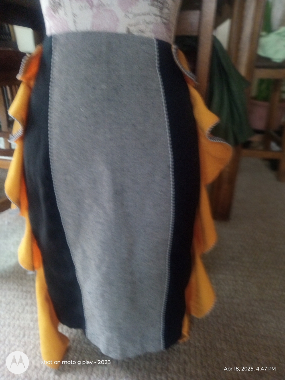 Colorblock Pencil Skirt with Ruffle Trim - Gray, Black & Mustard